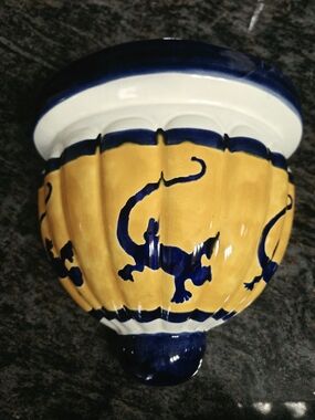 Hand-Painted Yellow & Blue Ceramic Wall Pocket with Animal Motifs